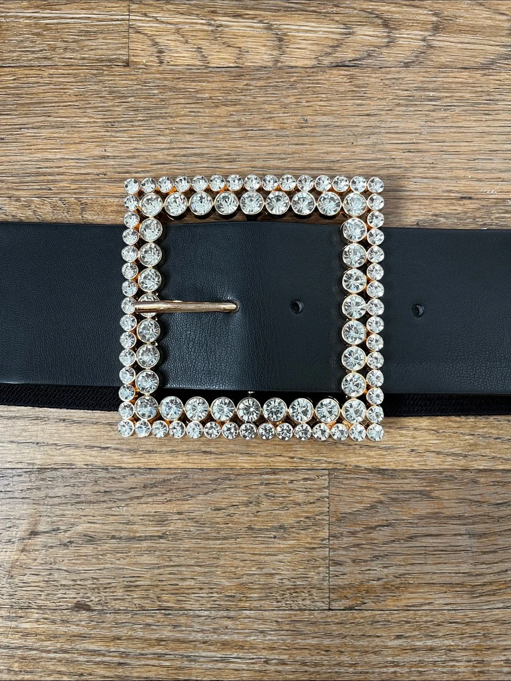 Black Elastic Waist Belt with Crystal Square Buckle, Plus Size Belt